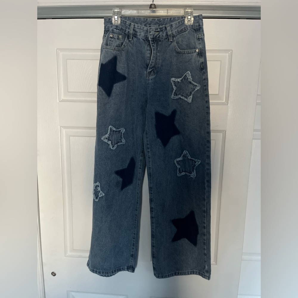 Blue Flare Wide Leg Jeans with Star Pattern